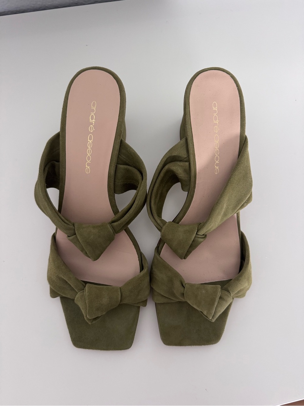 Andre Assous Olive Suede Knotted Slide Sandals